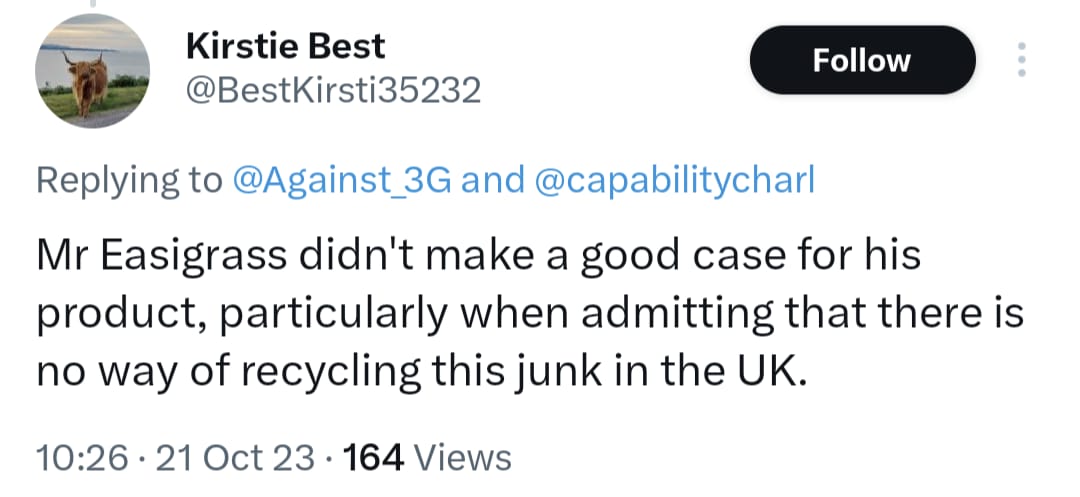 Mr Easigrass didn't make a good case for his product, particularly when admitting that there is no way of recycling this junk in the UK